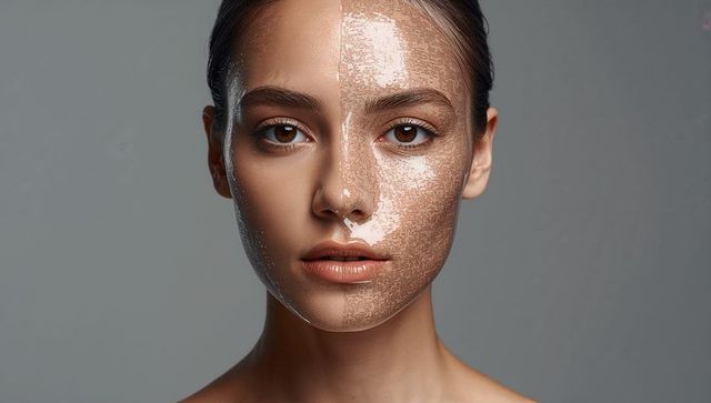 Half-Face Metallic Peel Mask Portrait Showing Cracked Glossy Texture on Youthful Model