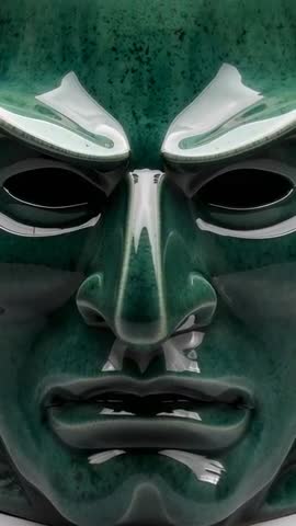 Vertical video sliding camera across glossy green ceramic mask with shifting light reflections