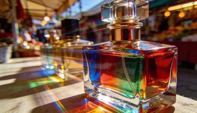 Square glass perfume bottle scattering rainbow light across market table prism refraction