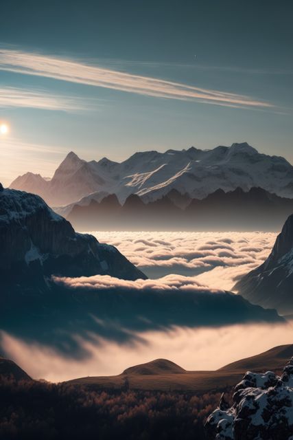 A breathtaking image of a mountain range at sunrise, with a valley filled with clouds illuminated by the early morning light. Perfect for use in travel ads, nature-related promotions, inspirational posters, desktop backgrounds, and calendars.