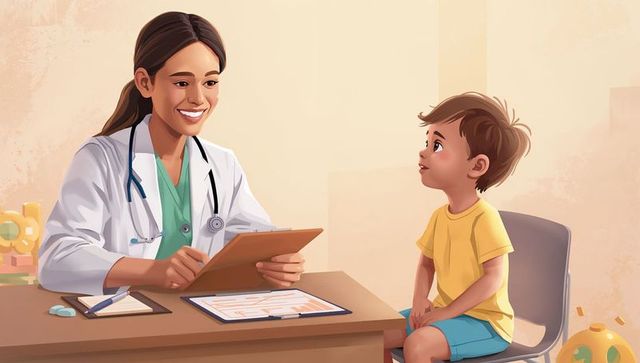 Smiling pediatrician reviewing clipboard during child wellness visit in bright clinic
