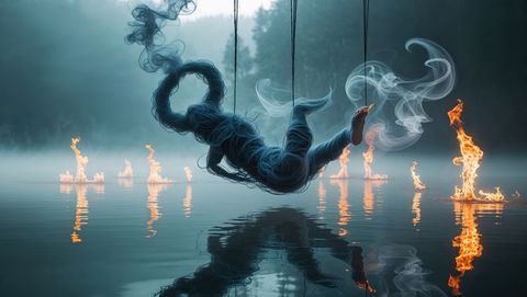surreal humanoid figure above misty lake with flames - Download Free Stock Images Pikwizard.com