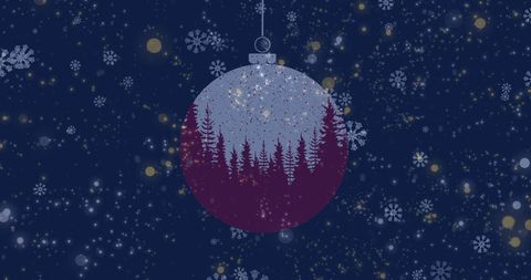 Snowflakes Falling Over Christmas Bauble with Fir Trees