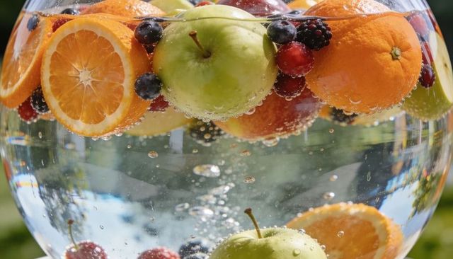 Sunlit floating fruit in glass bowl with bubbles, citrus, apples, berries and cherries