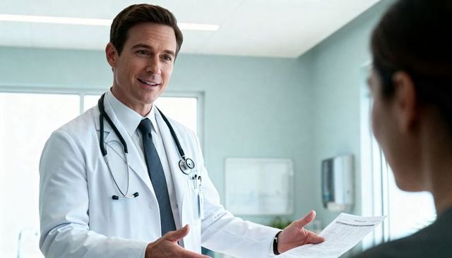 Friendly male doctor explaining medical report to patient in modern clinic consultation