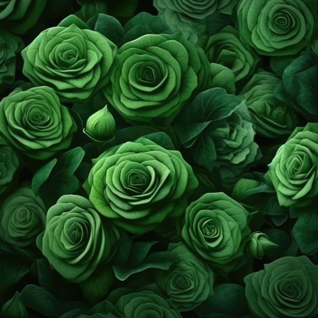 Close-up of lush green roses in full bloom, surrounded by vibrant foliage. Suitable for floral design presentations, botanically themed projects, and materials emphasizing natural beauty.