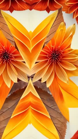Vertical botanical kaleidoscope transforming brown leaves and petals into orange bloom