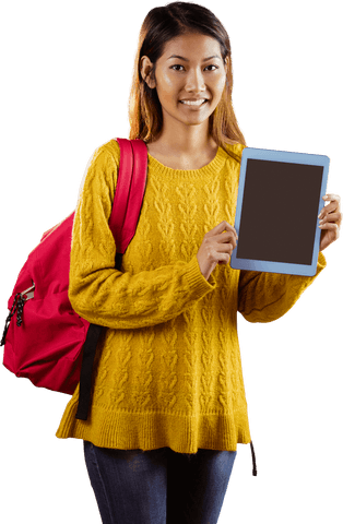 smiling student holding tablet in yellow sweater and red backpack - Download Free Stock Videos Pikwizard.com