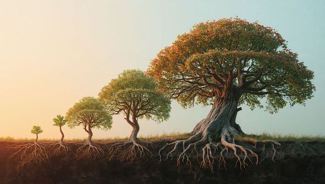 Generational growth: trees with roots in soil cross-section