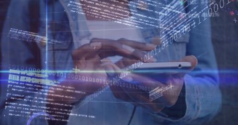 Tech Revolution: Woman Using Smartphone and Data Overlay