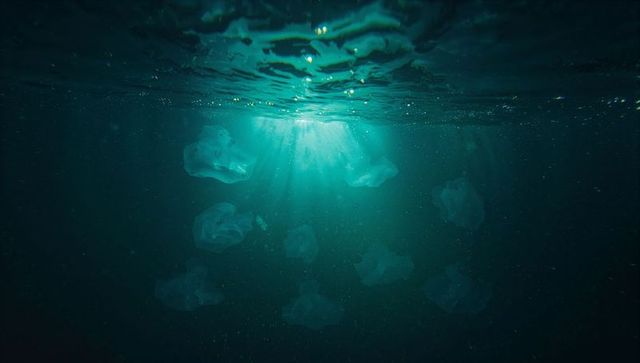 Magical sunbeams illuminating ocean depths with translucent shapes