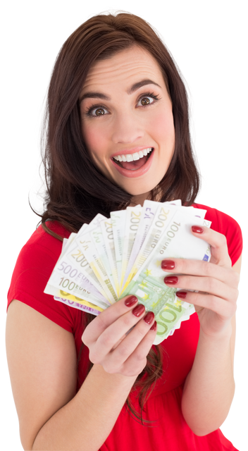 Excited Brunette Holding Cash with Transparent Background - Download Free Stock Videos Pikwizard.com