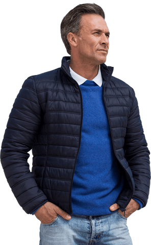 Mature Thoughtful Man in Blue Jacket Looking Sideways Transparent Background