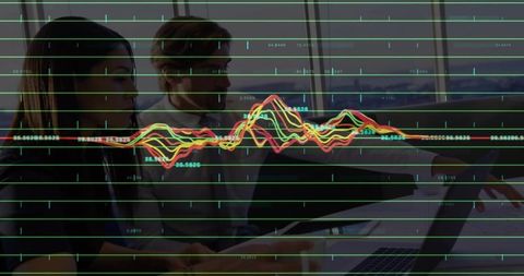 Diverse Team Analyzes Financial Data with Overlay of Line Graph