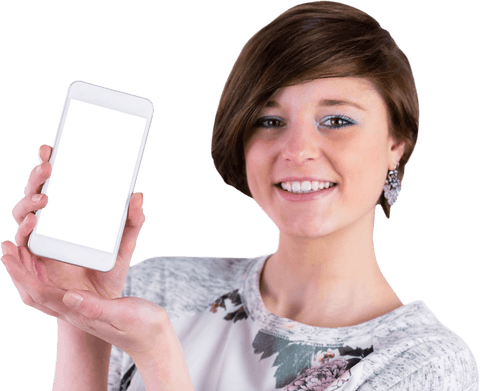 Smiling Woman Holding Smartphone with Transparent Screen - Download Free Stock Videos Pikwizard.com