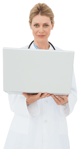 Transparent professional doctor using laptop with focused expression