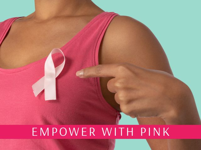 Woman points to pink ribbon signifying breast cancer awareness. Useful for awareness campaigns, health education, charity events, and solidarity promotions.
