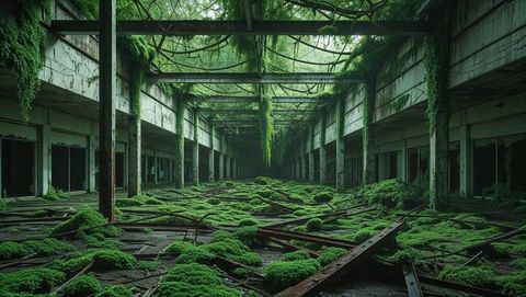 Abandoned industrial hall with overgrowing vegetation after the apocalypse