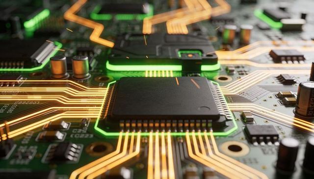 Glowing Microcontroller on PCB with Orange Power Traces, Sparks and High-Tech Circuit Detail
