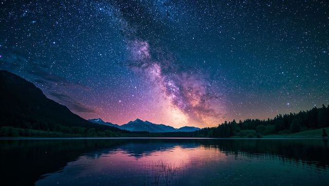 Breathtaking milky way reflection in serene alpine lake
