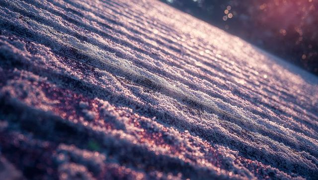 Frost-covered planks reflecting sunrise pink hue