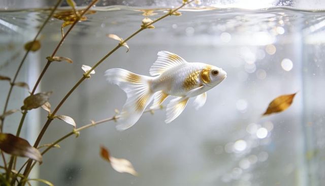 White-and-gold fancy goldfish gliding in planted aquarium with soft bokeh lights