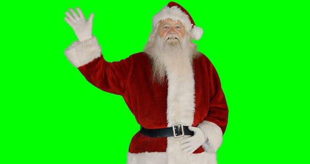 Santa Claus in red and white costume smiling and waving against green screen background. Ideal for Christmas promotions, festive greetings, holiday advertisements, and digital media requiring Santa in various animated scenes.