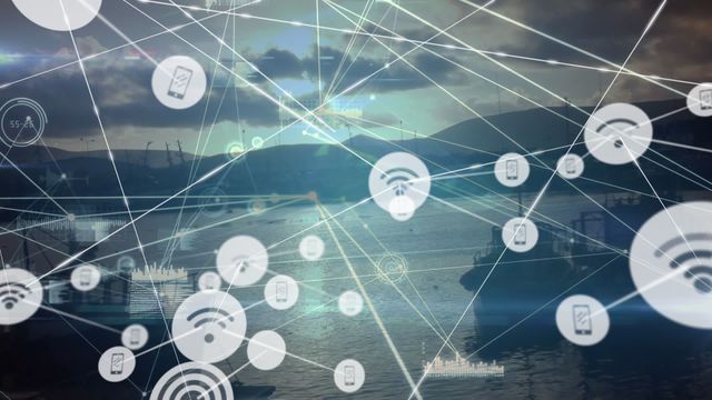 Depicts interconnected wireless icons and digital data overlay on a scenic harbor landscape, visualizing modern technology and maritime communication networks. Perfect for use in technology presentations, digital transformation visuals, or featured in articles about connectivity in industrial and natural settings.