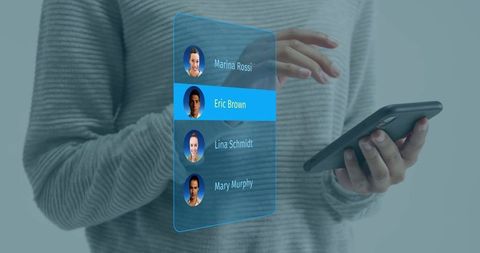 Woman swiping smartphone contact hologram highlighting eric brown