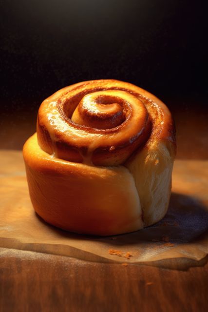 Delicious freshly baked cinnamon roll displayed on a parchment paper with golden-brown crust. Ideal for illustrating bakery menus, food blogs, dessert recipes, and breakfast promotions.