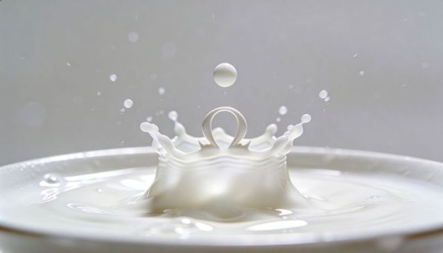 Milk crown splash forming loop and hovering droplet over bowl rim, high speed macro