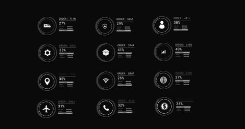 Data processing icons with digital interface on black background