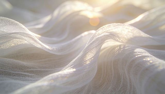 Rippling sheer gauze curtains catching warm backlight, translucent weave, luminous texture