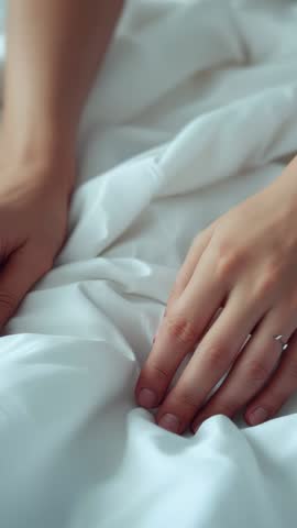 Vertical video hands adjusting white duvet closeup showing ring and linen texture