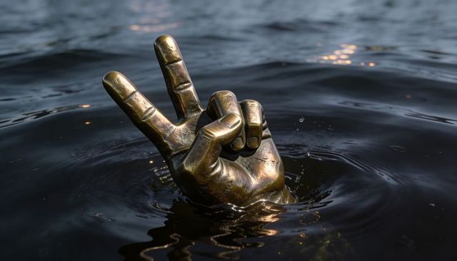 Bronze hand emerging from water forming peace sign with ripples and reflections