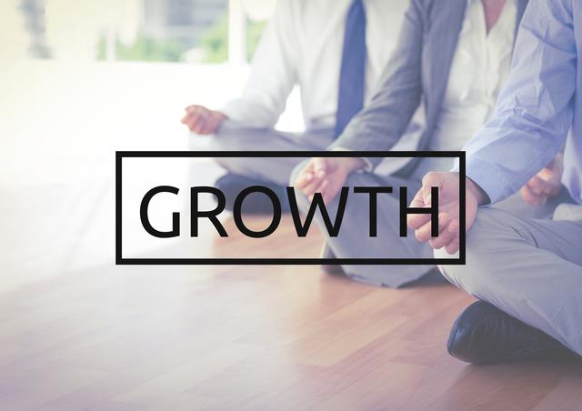 Business colleagues sitting on floor in meditation pose with 'Growth' text overlay. Ideal for illustrating concepts of corporate wellness, teamwork, mindfulness, and productivity in the workplace. Suitable for use in articles, blogs, and presentations about stress relief, mental health, and professional development.