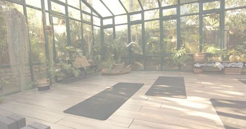 Sunlit Glasshouse Yoga Studio with Tropical Plants, Minimalist Mats for Retreats