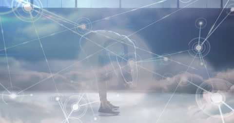 Fit African American Man Exercising with Digital Network Overlays