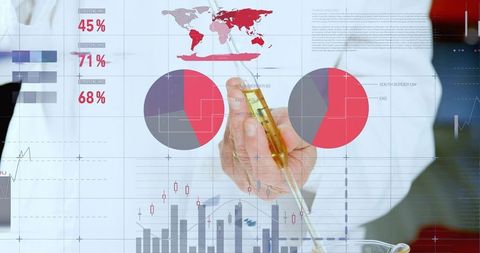 Senior researcher holding gold pipette over beaker while data charts and map overlay