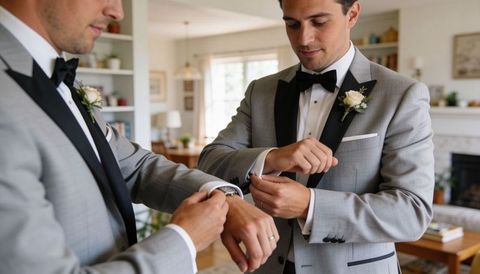 Groom fastening cufflink while groomsman adjusting watch in elegant home wedding prep