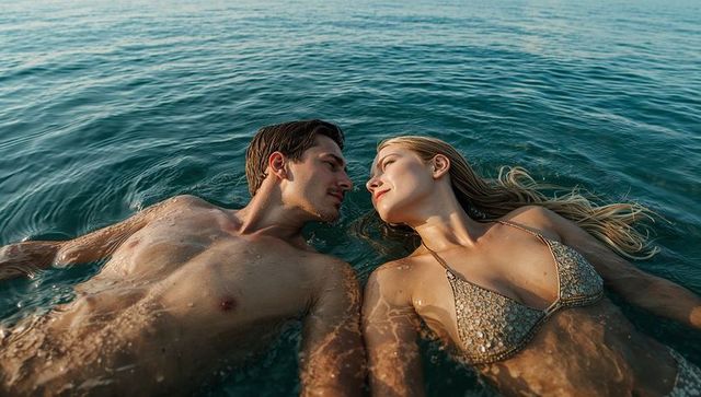 Romantic couple floating face-to-face on calm sea at golden hour