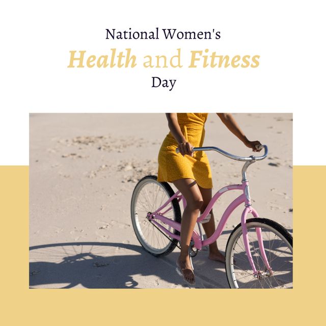 Image depicts a biracial young woman enjoying a moment at the beach with a bicycle, emphasizing the importance of health and fitness. Perfect for promoting women’s fitness events, health awareness campaigns, and lifestyle blogs.