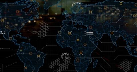 Futuristic world map with digital data nodes and hexagonal patterns