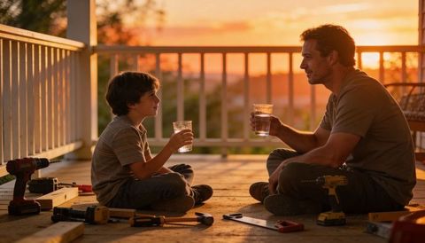 Father and son sharing sunset conversation on porch while taking break from woodworking