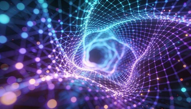Twisting neon wireframe tunnel twinkling nodes creating futuristic digital network vortex