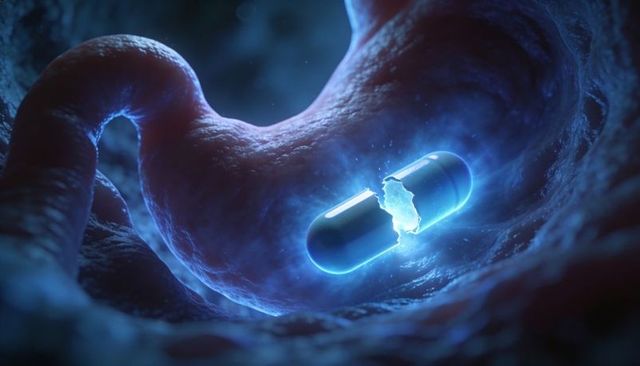 Glowing blue capsule releasing powder inside stomach lumen with neon mucosal folds