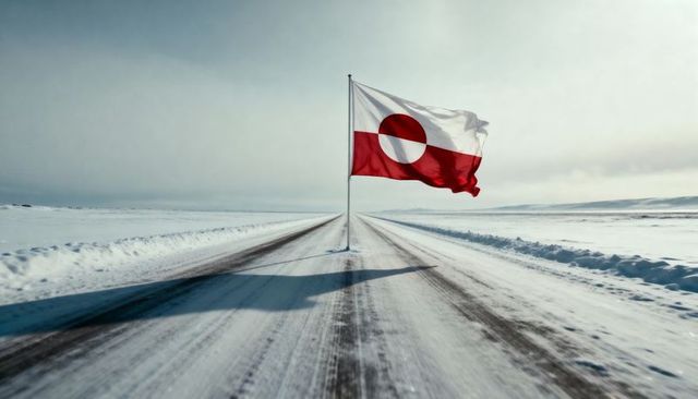 Solitary red-and-white flag waving on snow-covered road stretching through arctic tundra