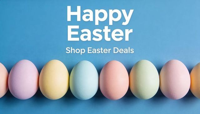 Pastel easter eggs row on blue backdrop with happy easter shop deals banner