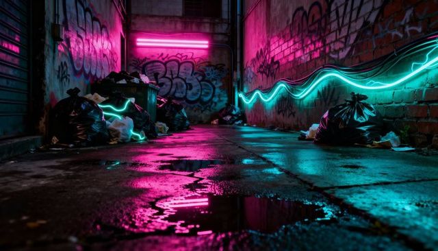 Neon alley backstreet casting magenta and cyan reflections on wet pavement with trash bags