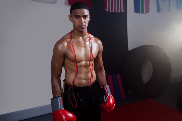 Young male boxer standing confidently in a fitness studio, wearing boxing gloves and a jump rope around his neck. Ideal for use in fitness and sports promotions, gym advertisements, health and wellness campaigns, and motivational posters.